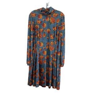 Charlie O Midi Women's Velvet Rose Floral Print Shift Dress XL Blue/Orange NewWT